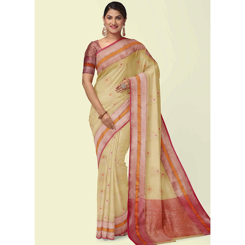 Beige Cotton Zari Saree Without Blouse Piece - JD986581847