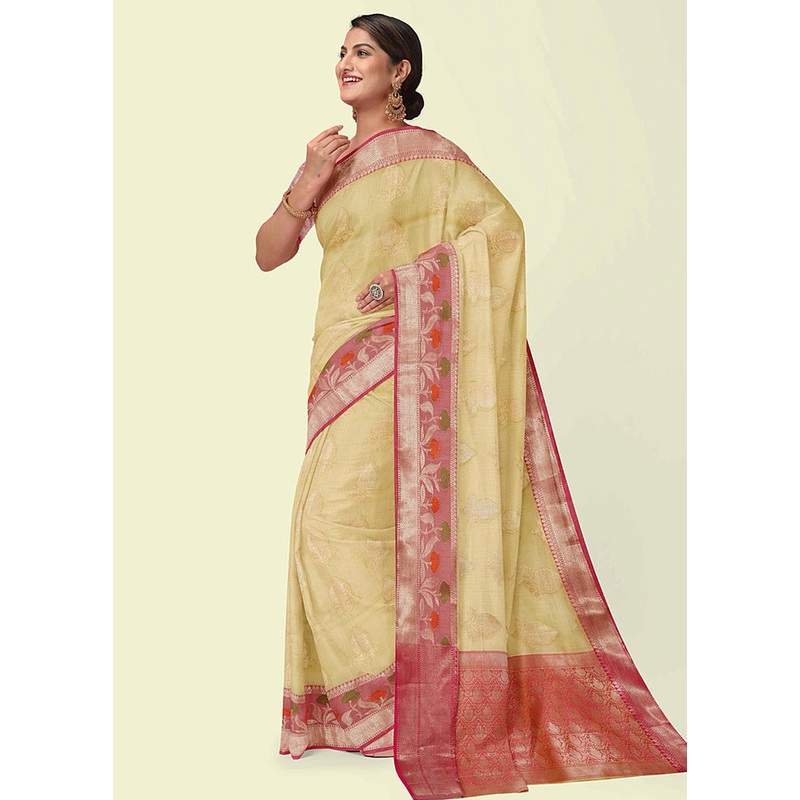Beige Cotton Zari Saree Without Blouse Piece - JD986581848