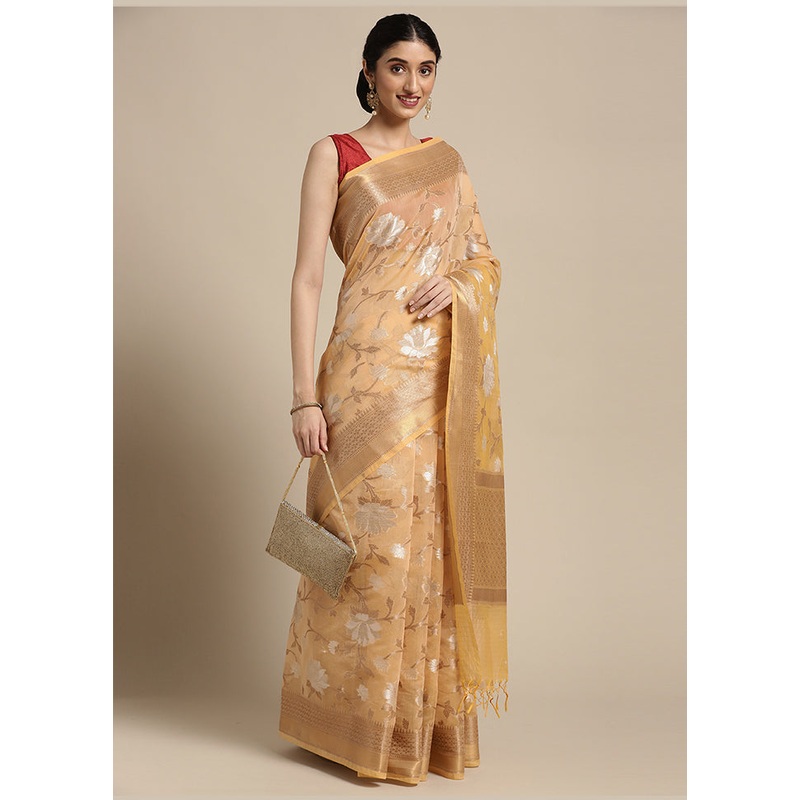 Beige Cotton Zari Saree Without Blouse Piece - JD986581851