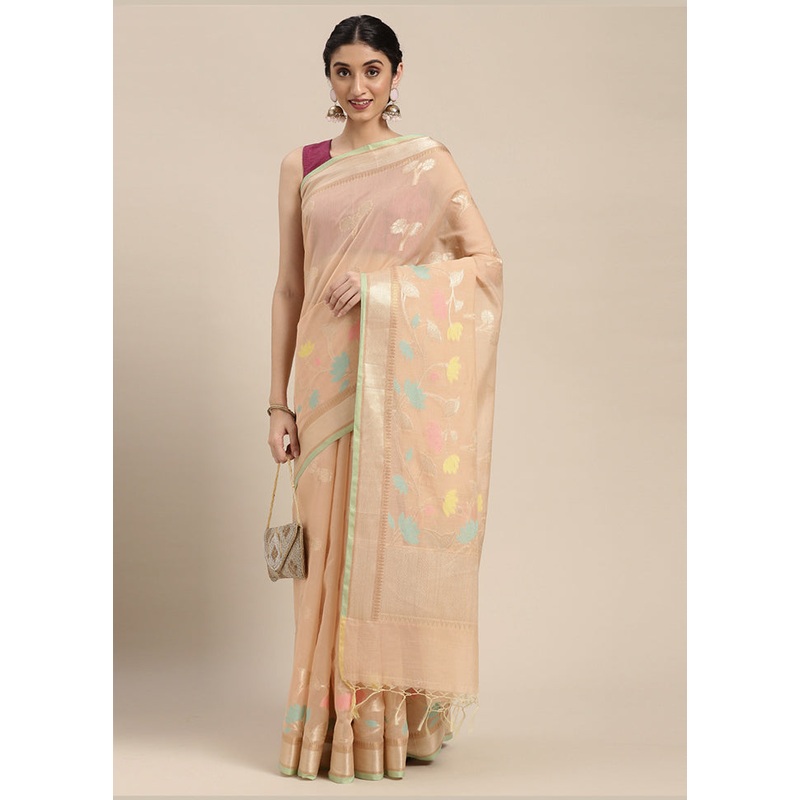 Beige Cotton Zari Saree Without Blouse Piece - JD986581852