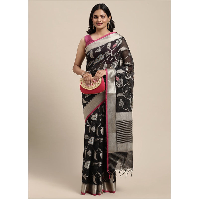 Black Cotton Zari Saree Without Blouse Piece - JD986581831