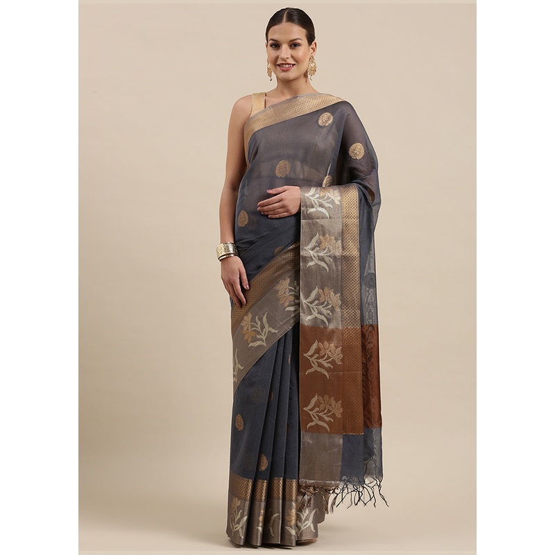 Blue Cotton Zari Saree Without Blouse Piece - JD986581830