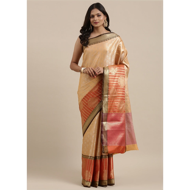 Cream Kanchipuram Silk Saree With Blouse Piece - JD986581967