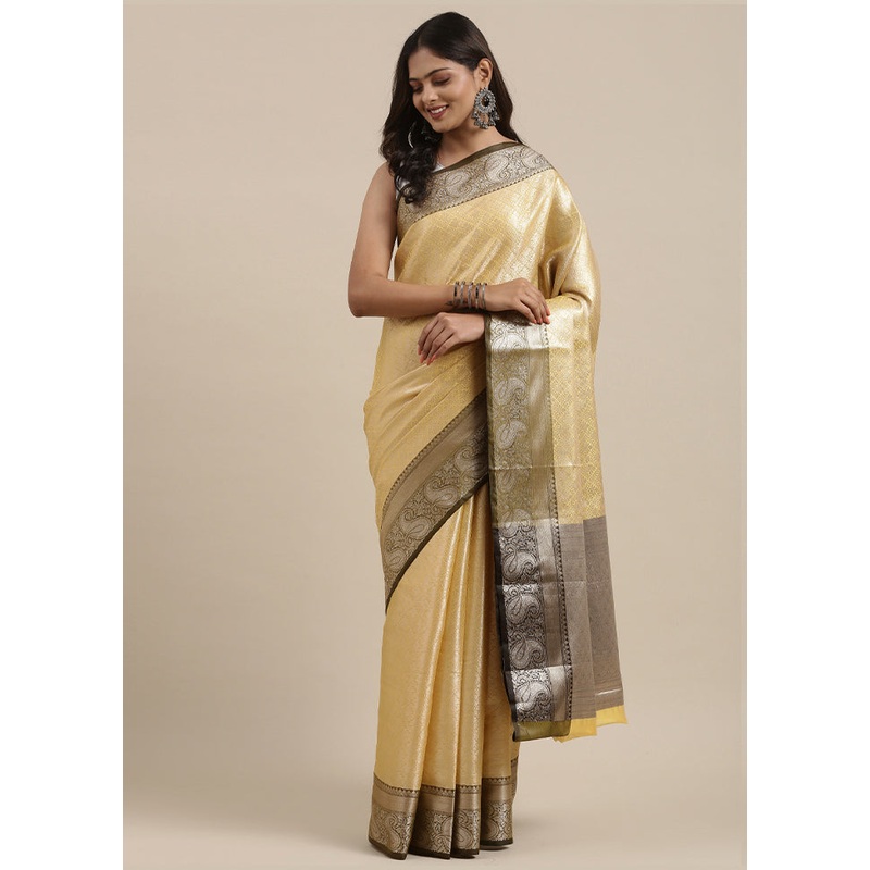 Gold Kanchipuram Silk Saree With Blouse Piece - JD986581961