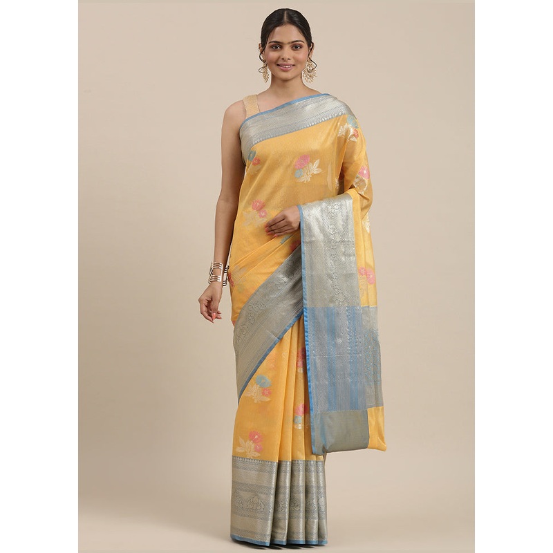 Gold Silk Zari Saree Without Blouse Piece - JD986581951