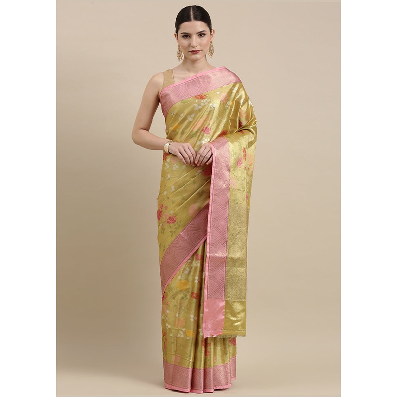 Gold Tissue Silk Saree With Blouse Piece - JD986581955