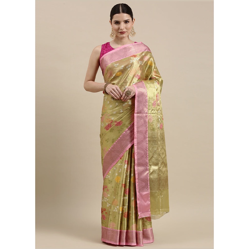 Gold Tissue Silk Saree With Blouse Piece - JD986581956