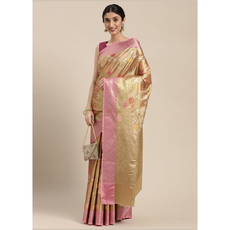 Gold Tissue Silk Saree With Blouse Piece - JD986581957