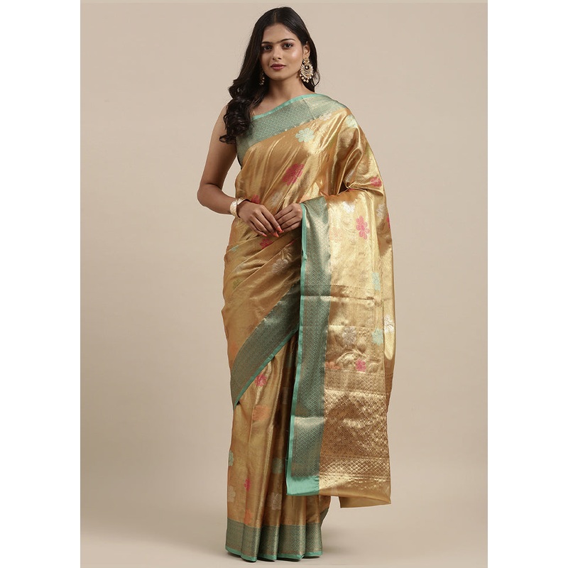 Gold Tissue Silk Saree With Blouse Piece - JD986581958