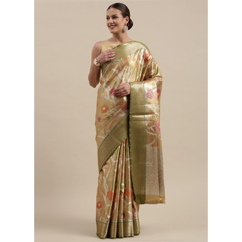 Gold Tissue Silk Saree With Blouse Piece - JD986581960