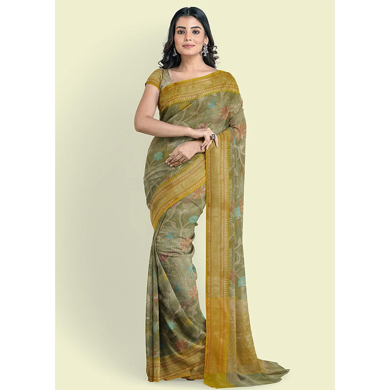 Green Cotton Zari Saree Without Blouse Piece - JD986581819