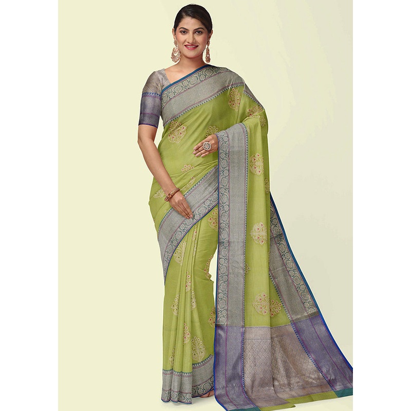 Green Cotton Zari Saree Without Blouse Piece - JD986581820