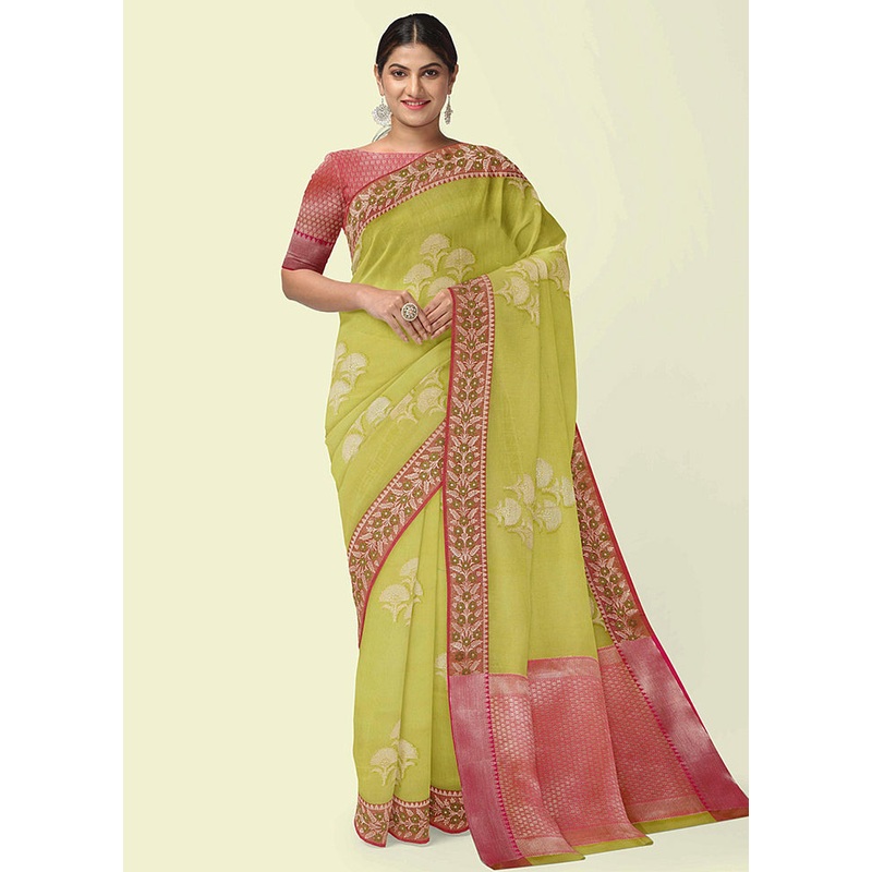 Green Cotton Zari Saree Without Blouse Piece - JD986581821