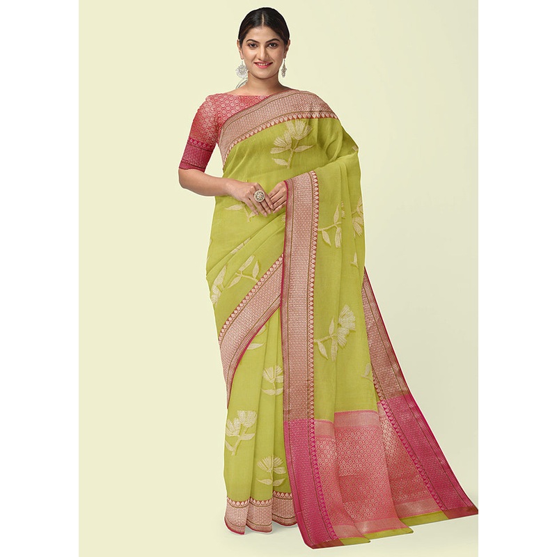 Green Cotton Zari Saree Without Blouse Piece - JD986581824