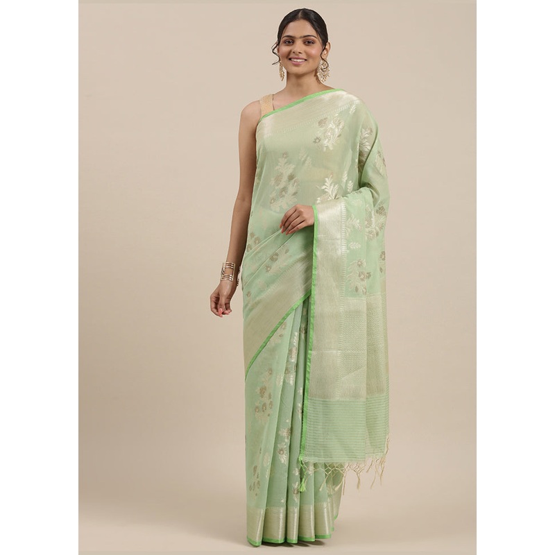 Green Cotton Zari Saree Without Blouse Piece - JD986581825