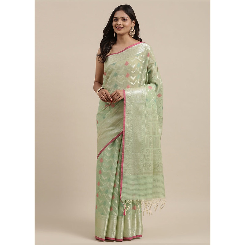 Green Cotton Zari Saree Without Blouse Piece - JD986581826