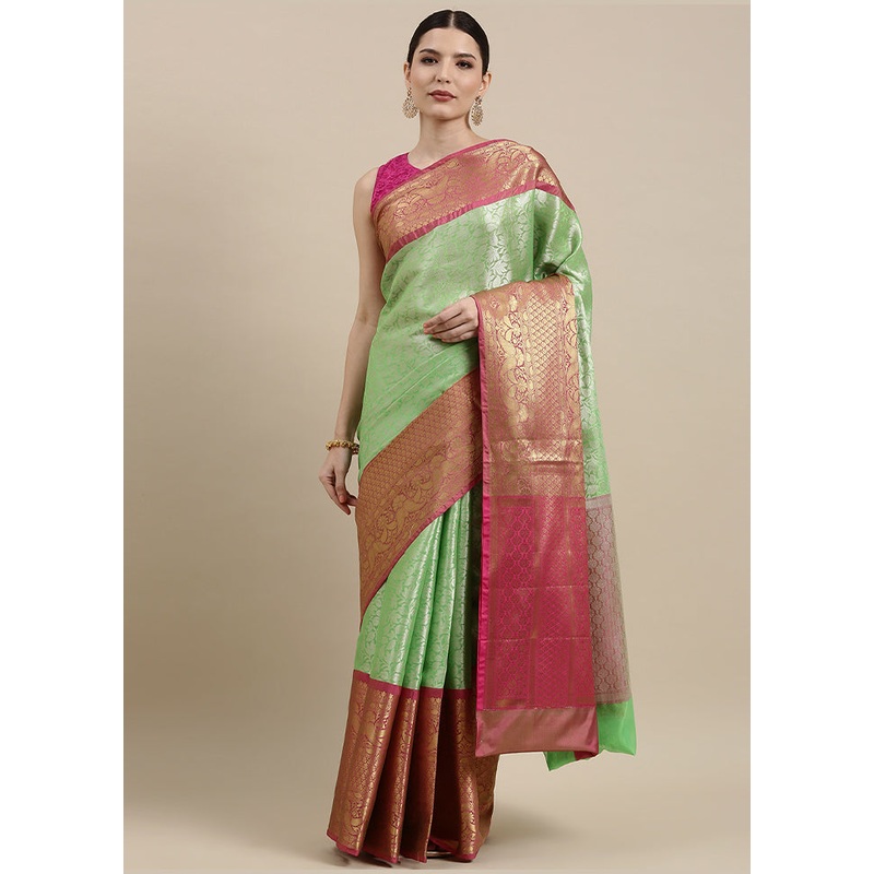 Green Kanchipuram Silk Zari Saree Without Blouse Piece - JD986581933