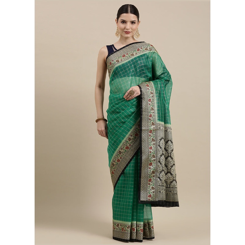 Green Organza Zari Saree Without Blouse Piece - JD986581948