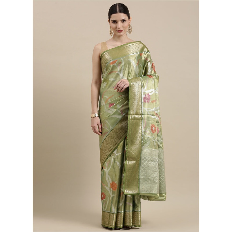Green Tissue Silk Saree With Blouse Piece - JD986581935