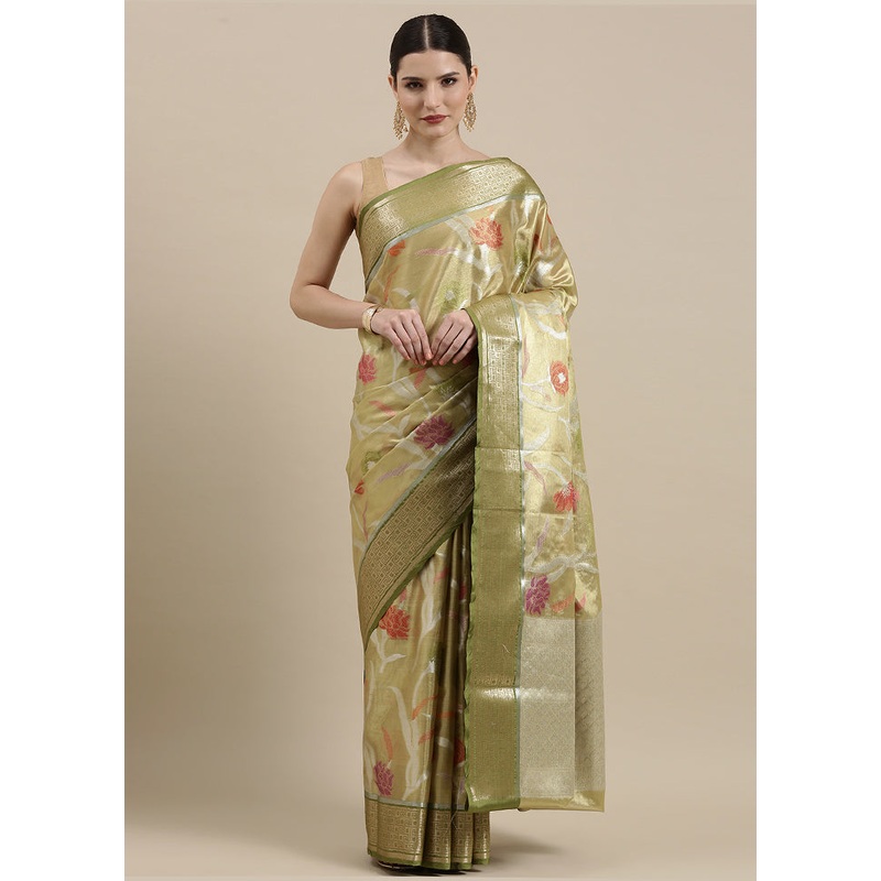 Green Tissue Silk Saree With Blouse Piece - JD986581959