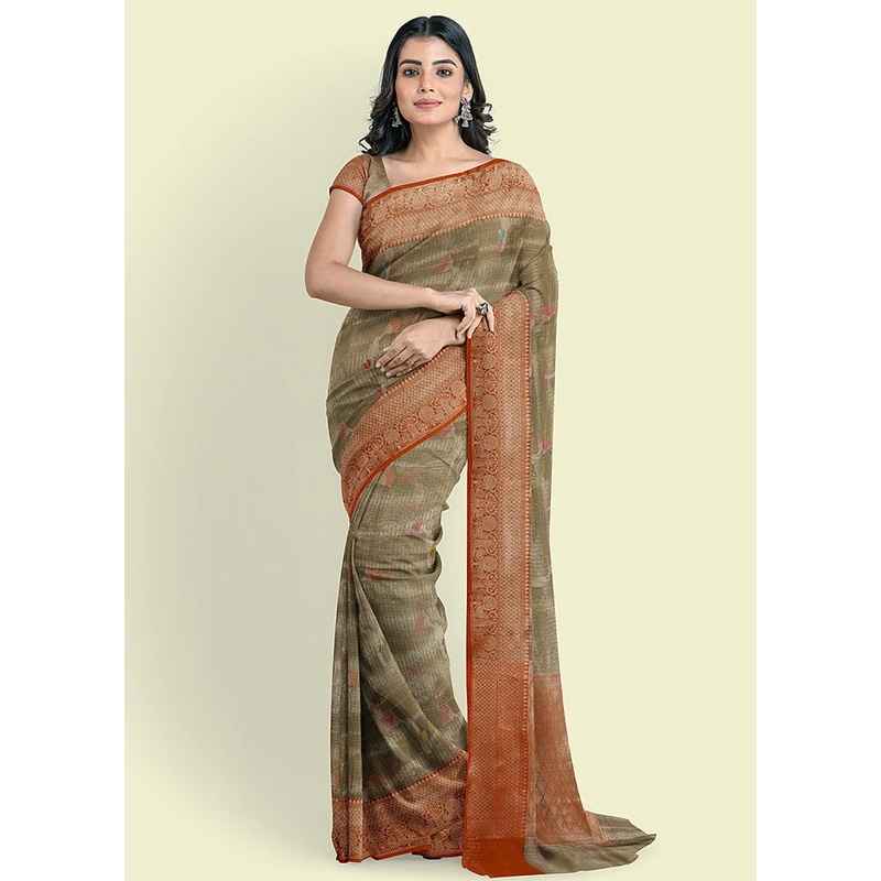 Grey Cotton Zari Saree Without Blouse Piece - JD986581809
