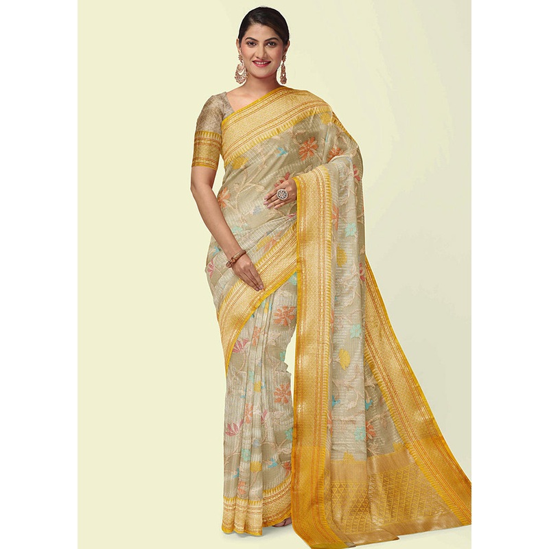 Grey Cotton Zari Saree Without Blouse Piece - JD986581811