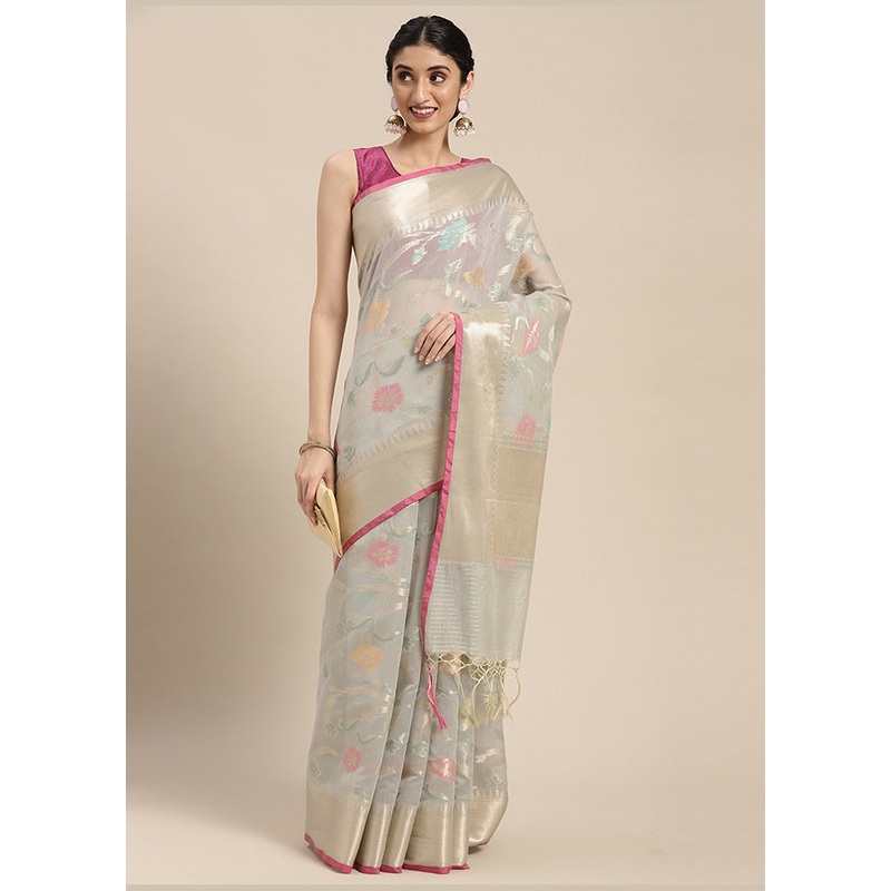 Grey Cotton Zari Saree Without Blouse Piece - JD986581812