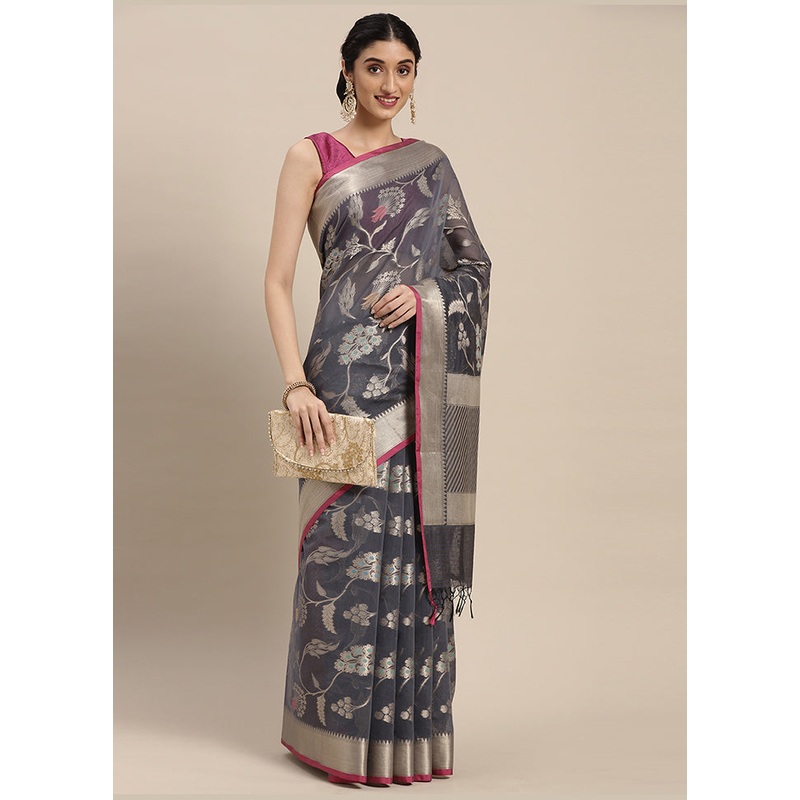 Grey Cotton Zari Saree Without Blouse Piece - JD986581813
