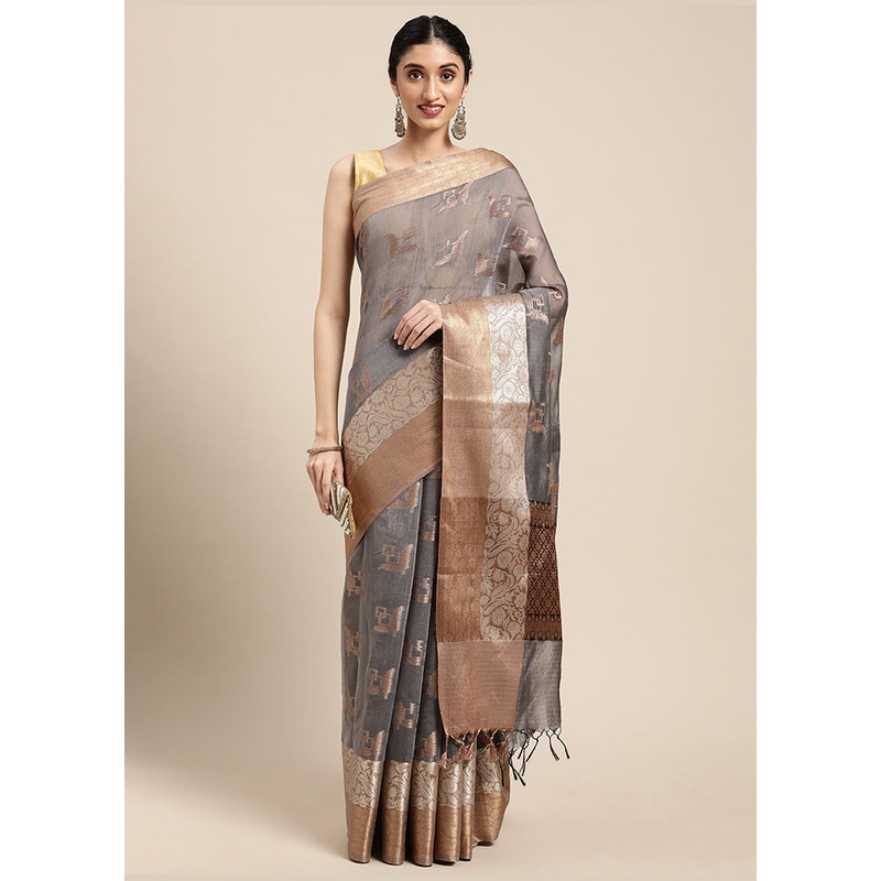 Grey Cotton Zari Saree Without Blouse Piece - JD986581814