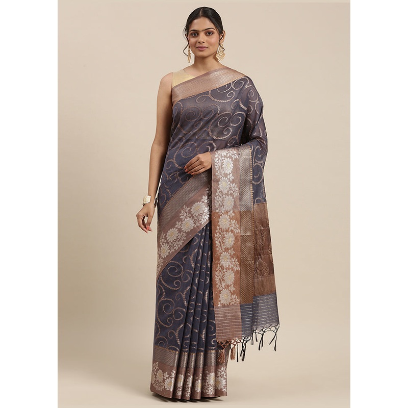 Grey Cotton Zari Saree Without Blouse Piece - JD986581815