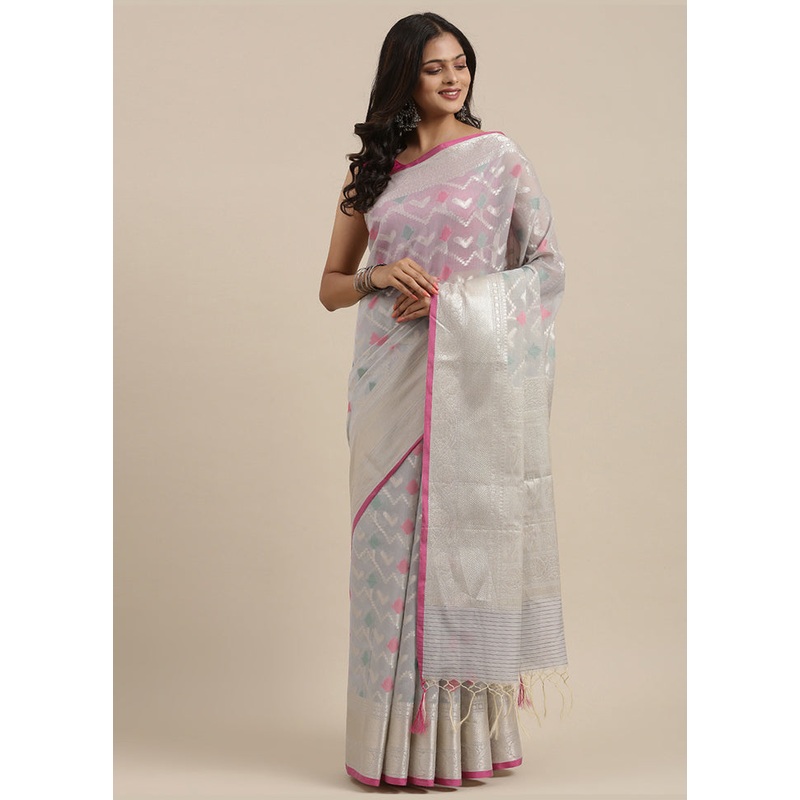 Grey Cotton Zari Saree Without Blouse Piece - JD986581816