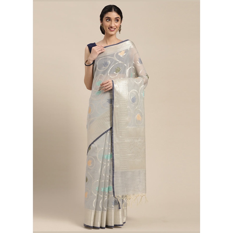 Grey Cotton Zari Saree Without Blouse Piece - JD986581817