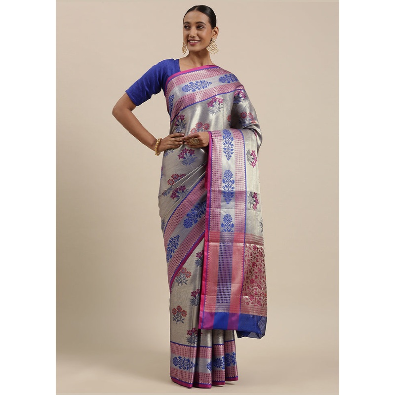 Grey Kanchipuram Silk Saree With Blouse Piece - JD986581917