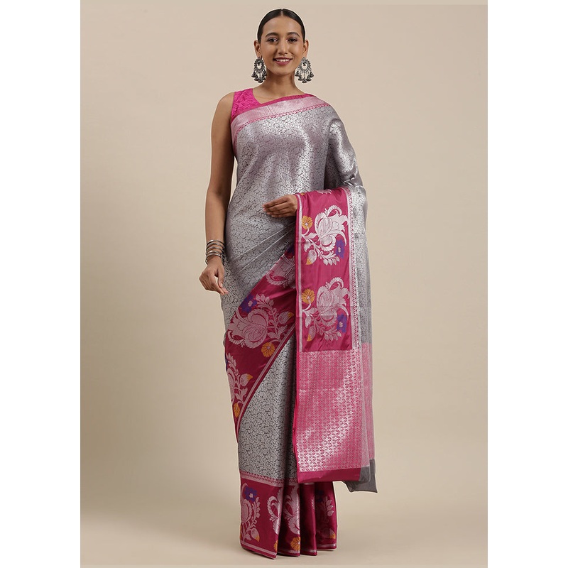 Grey Kanjivaram Silk Saree With Blouse Piece - JD986581919