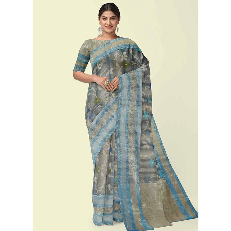 Grey Matka Silk Zari Saree Without Blouse Piece - JD986581915