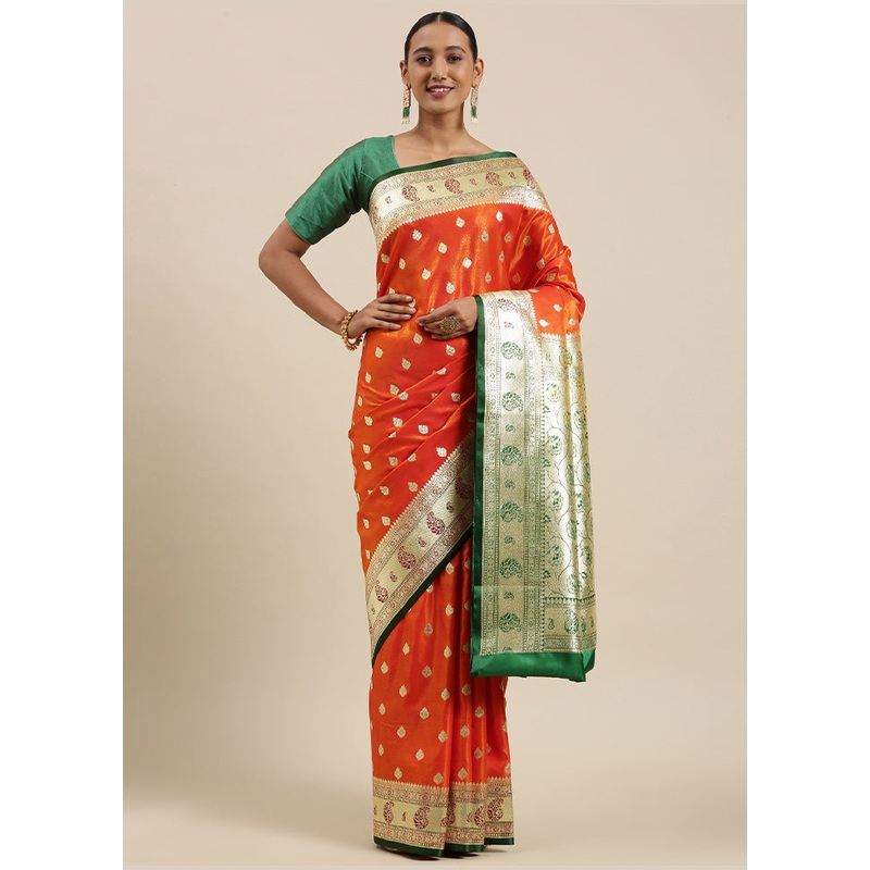 Orange Banarasi Silk Zari Saree Without Blouse Piece - JD986581894