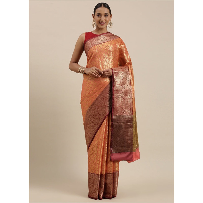 Orange Kanchipuram Silk Saree With Blouse Piece - JD986581893