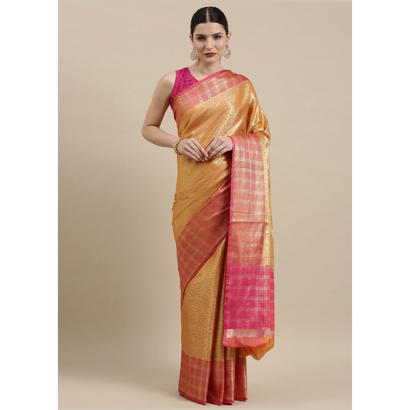 Orange Kanchipuram Silk Saree With Blouse Piece - JD986581895