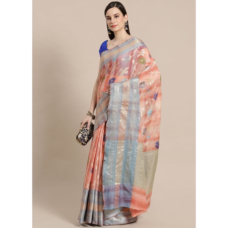 Peach Matka Silk Zari Saree Without Blouse Piece - JD986581886