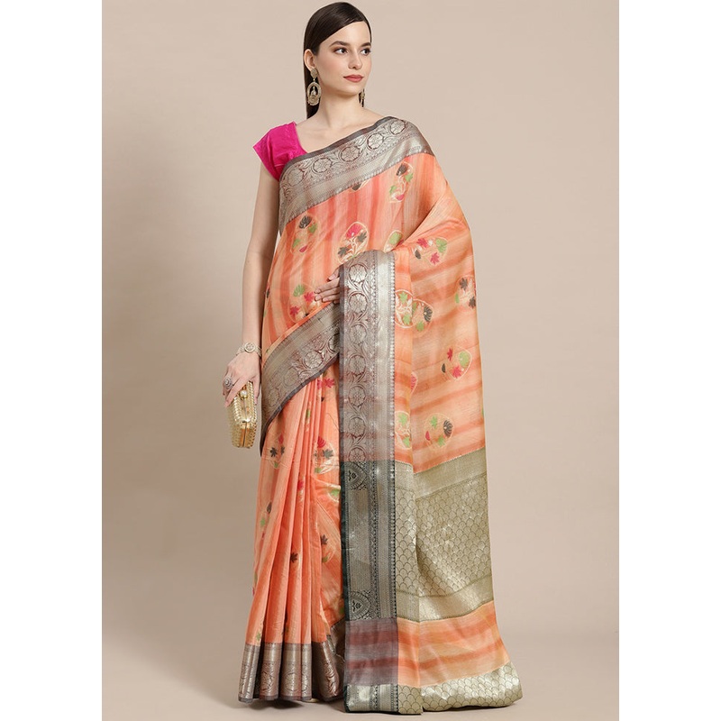 Peach Matka Silk Zari Saree Without Blouse Piece - JD986581887