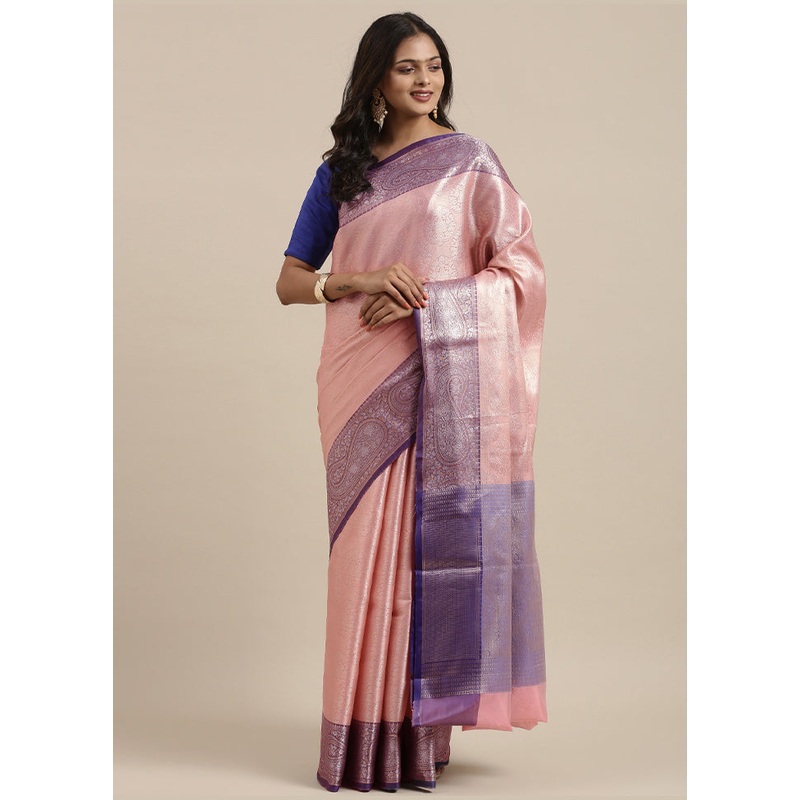 Pink Kanchipuram Silk Saree With Blouse Piece - JD986581878
