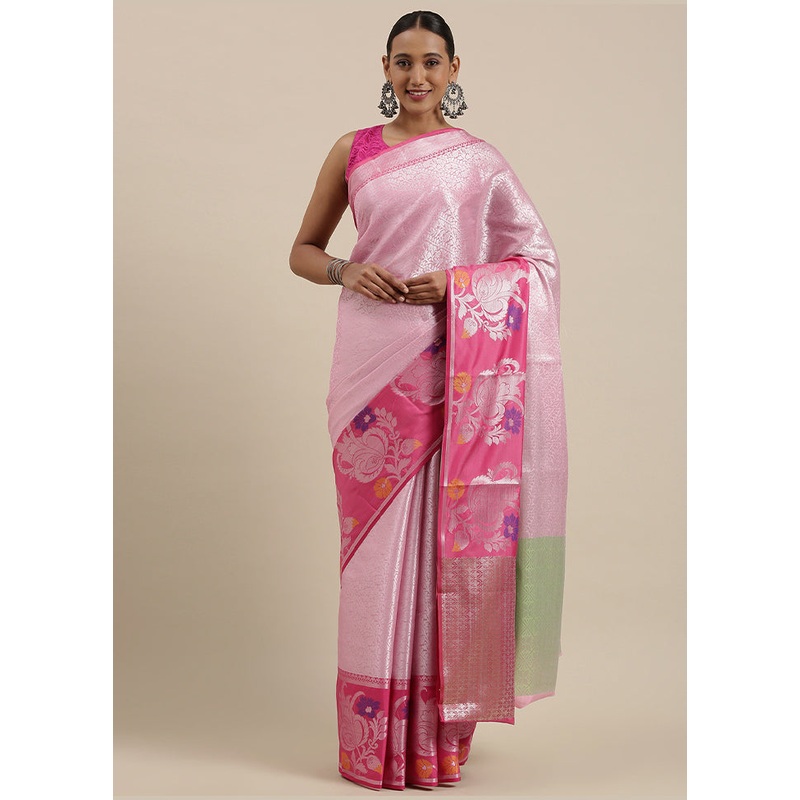 Pink Kanjivaram Silk Saree With Blouse Piece - JD986581883