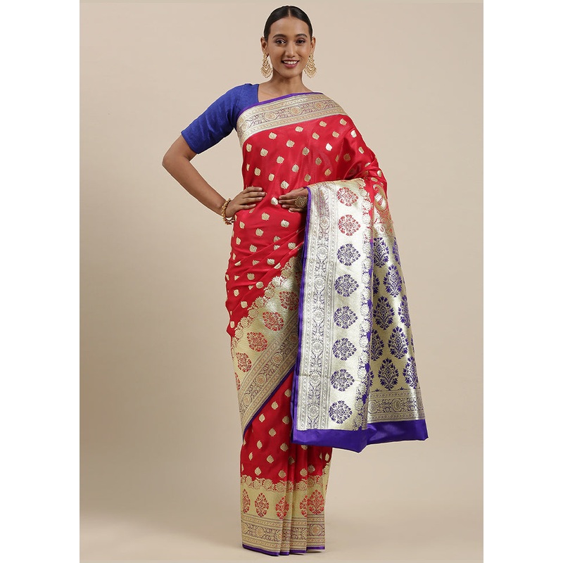 Red Banarasi Silk Zari Saree Without Blouse Piece - JD986581866