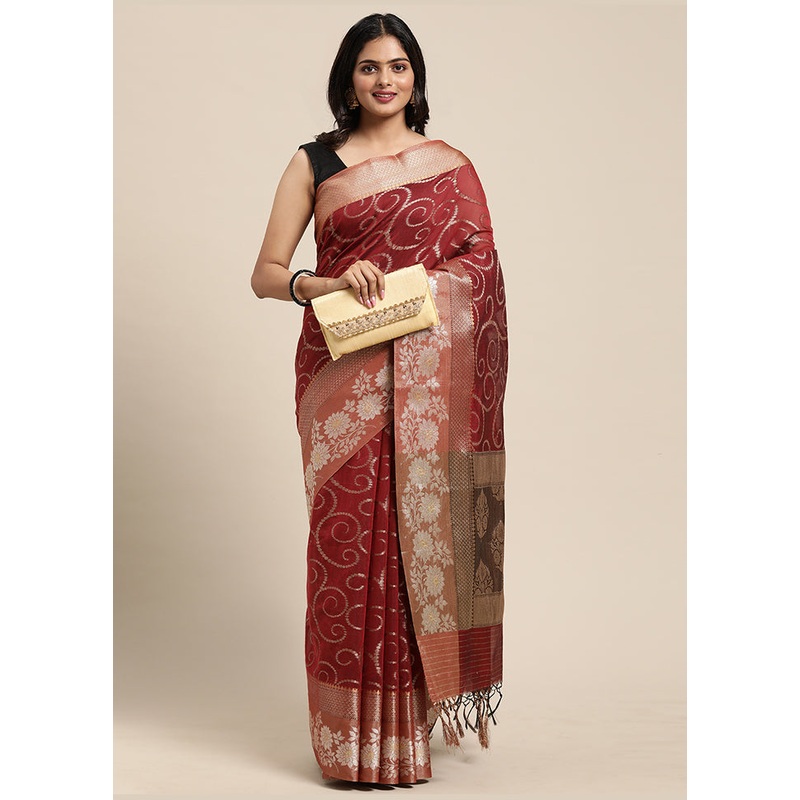 Red Cotton Zari Saree Without Blouse Piece - JD986581793