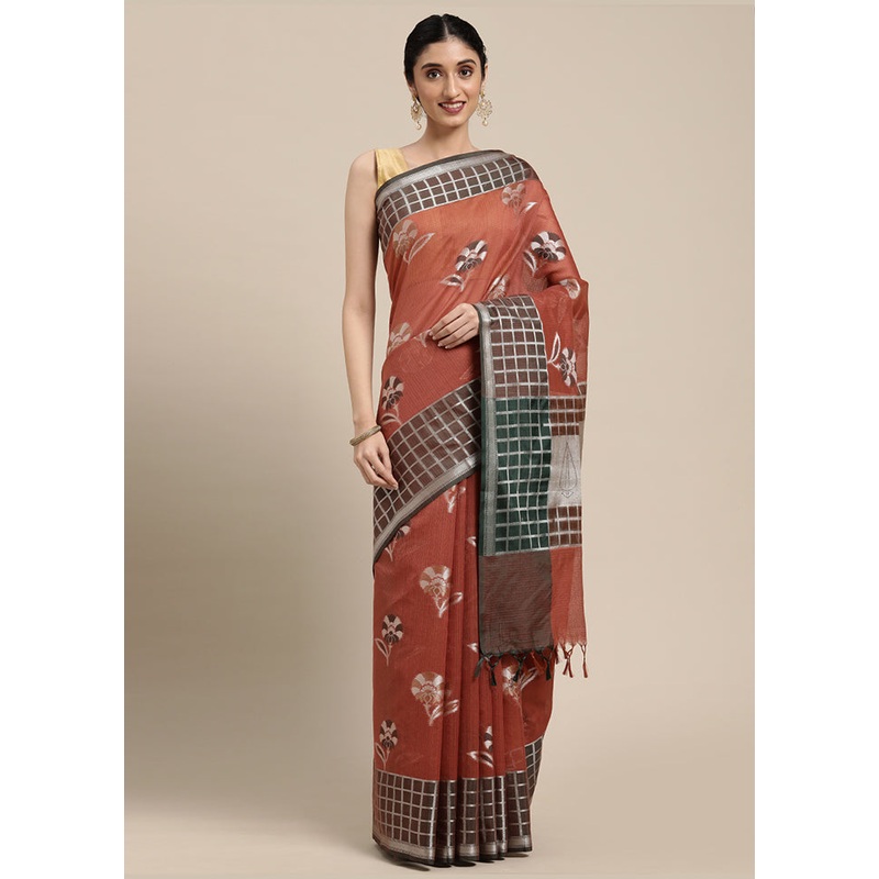 Rust Organza Zari Saree Without Blouse Piece - JD986581863
