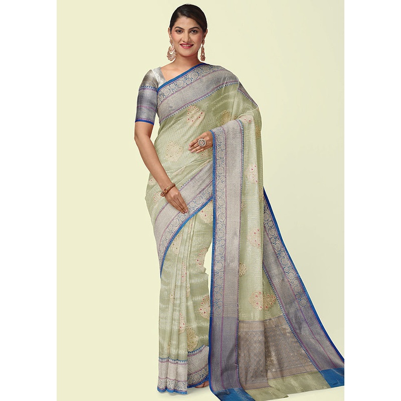 Sea Green Cotton Zari Saree Without Blouse Piece - JD986581786