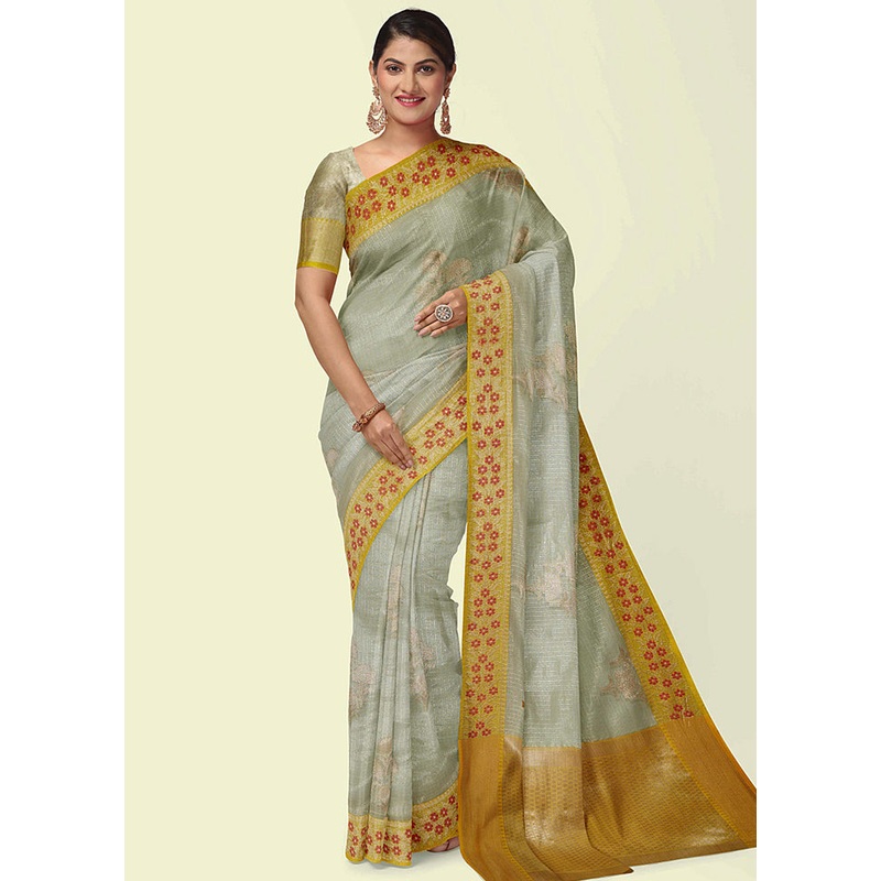 Sea Green Cotton Zari Saree Without Blouse Piece - JD986581787