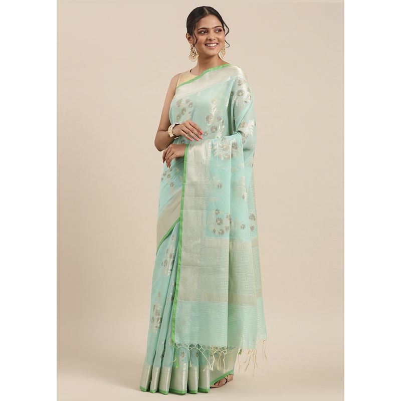 Sea Green Cotton Zari Saree Without Blouse Piece - JD986581788
