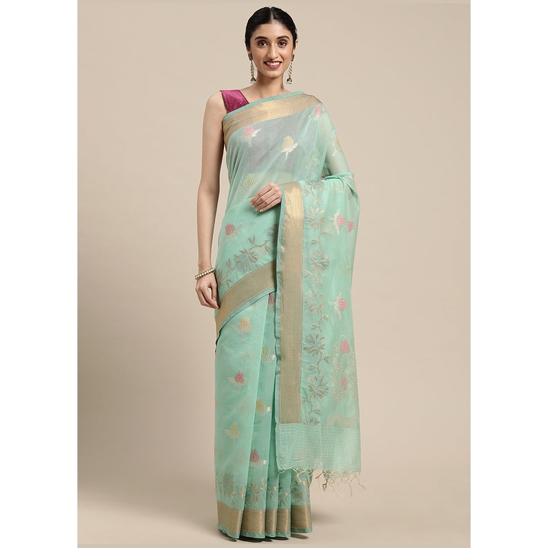 Sea Green Cotton Zari Saree Without Blouse Piece - JD986581789