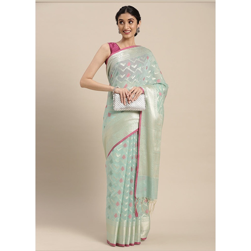 Sea Green Cotton Zari Saree Without Blouse Piece - JD986581790